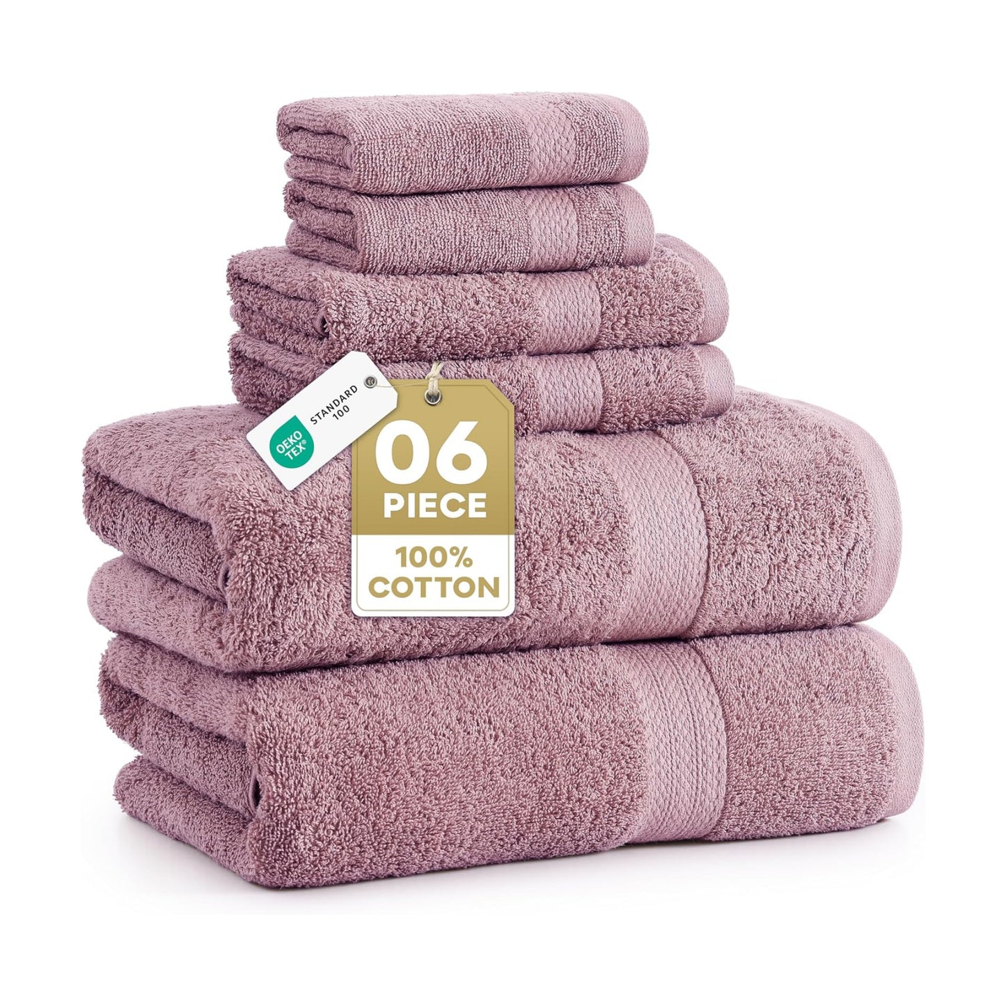 LANE LINEN Large Bath Towel Set Absorbent Quick Dry 6 Piece - Wishful Mauve | Cotton Towels - Fade-Resistant Color