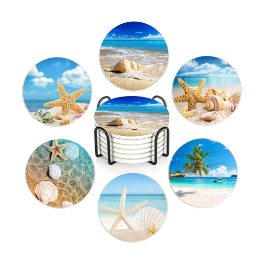 Holder / Water-Absorbent Beverage Pads for Dining Table Decor & Glass / Beach Seaside / Set of 6