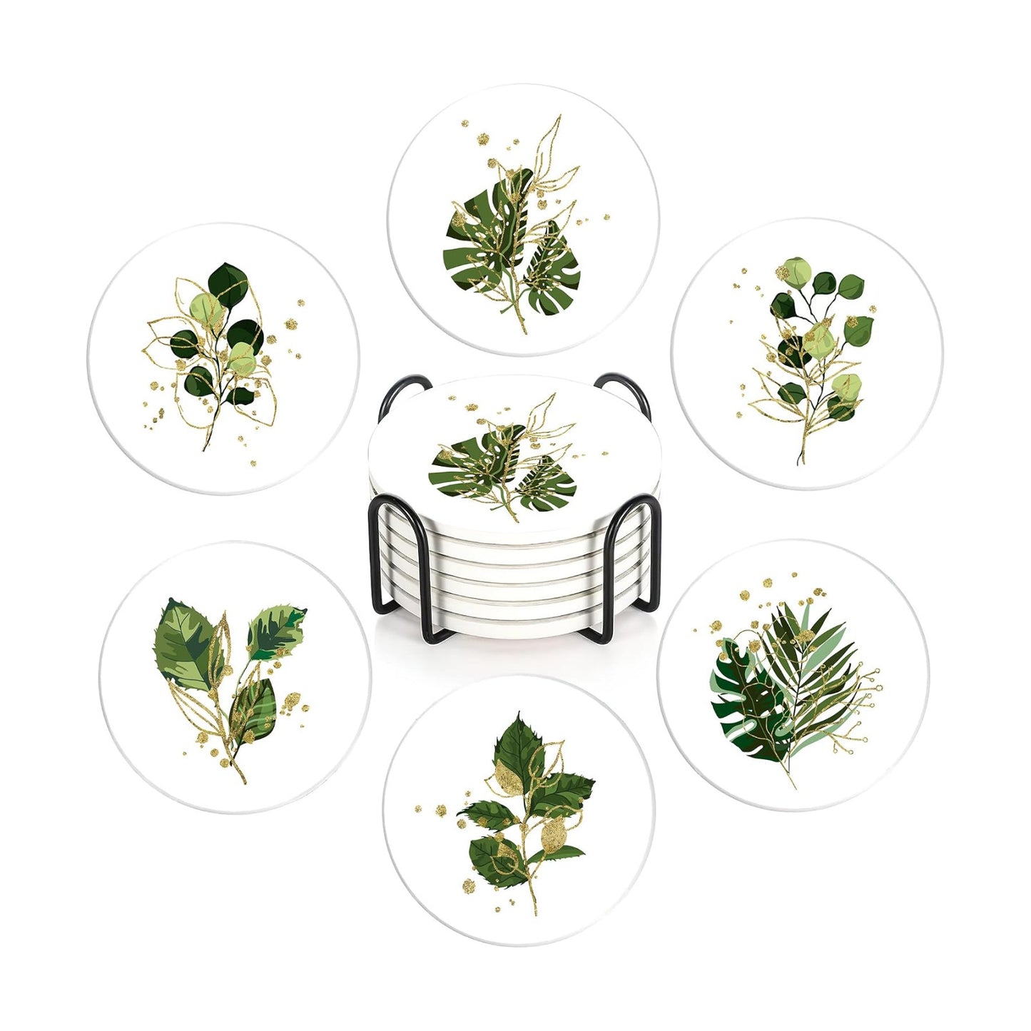 Holder / Absorbent Ceramic Coasters / Green Plants / Set of 6