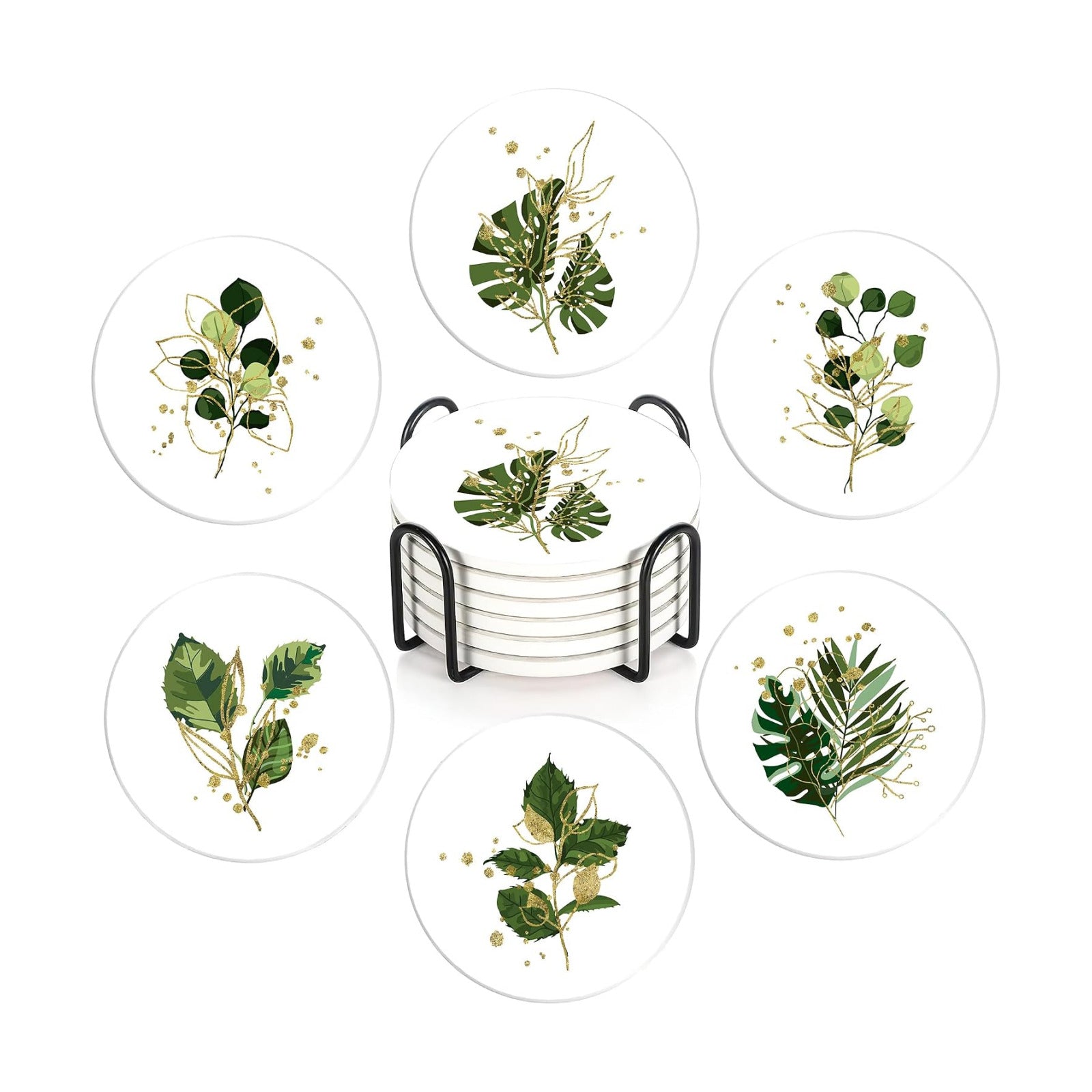 Holder / Absorbent Ceramic Coasters / Green Plants / Set of 6
