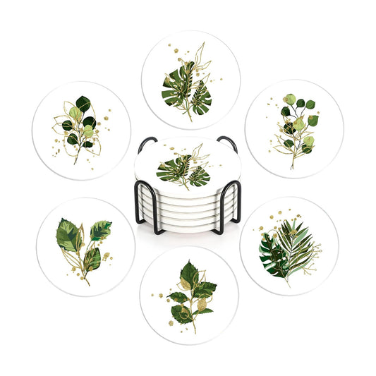 Holder / Absorbent Ceramic Coasters / Green Plants / Set of 6