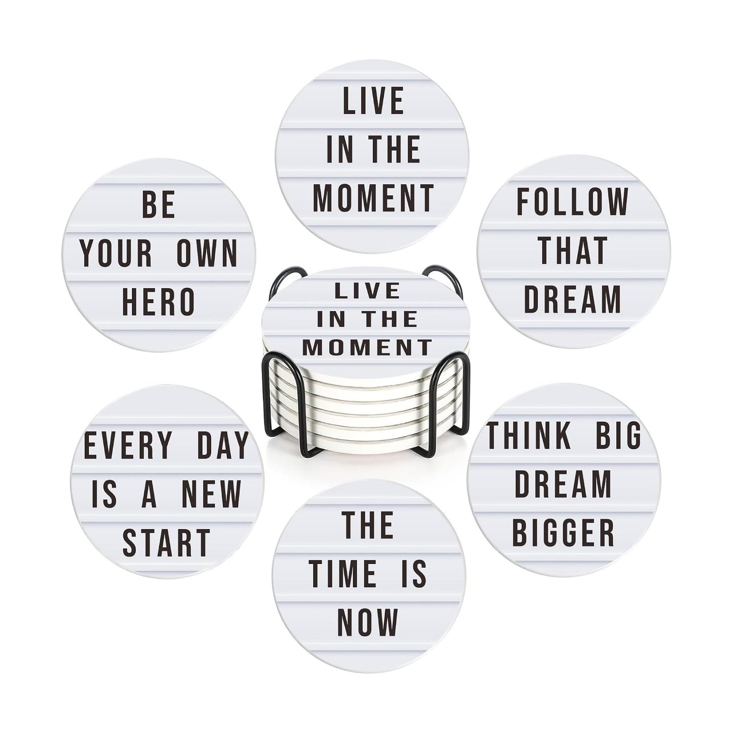 Holder / Absorbent Ceramic Drink Pads / Motivation Quote / Set of 6