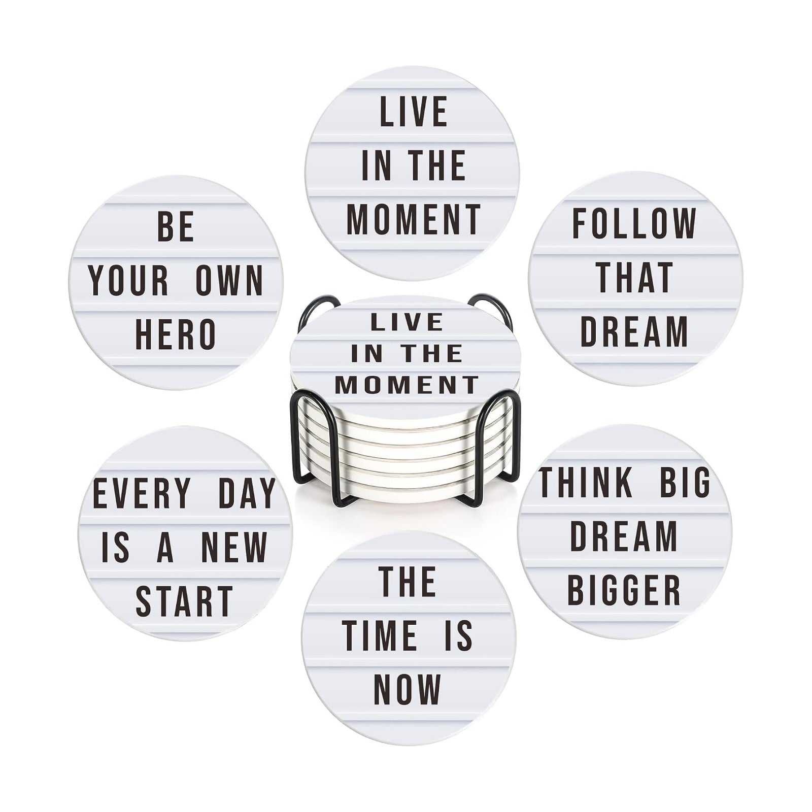 Holder / Absorbent Ceramic Drink Pads / Motivation Quote / Set of 6