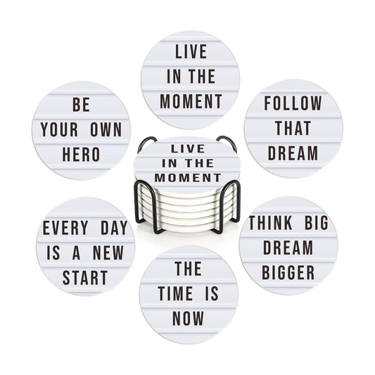 Holder / Absorbent Ceramic Drink Pads / Motivation Quote / Set of 6