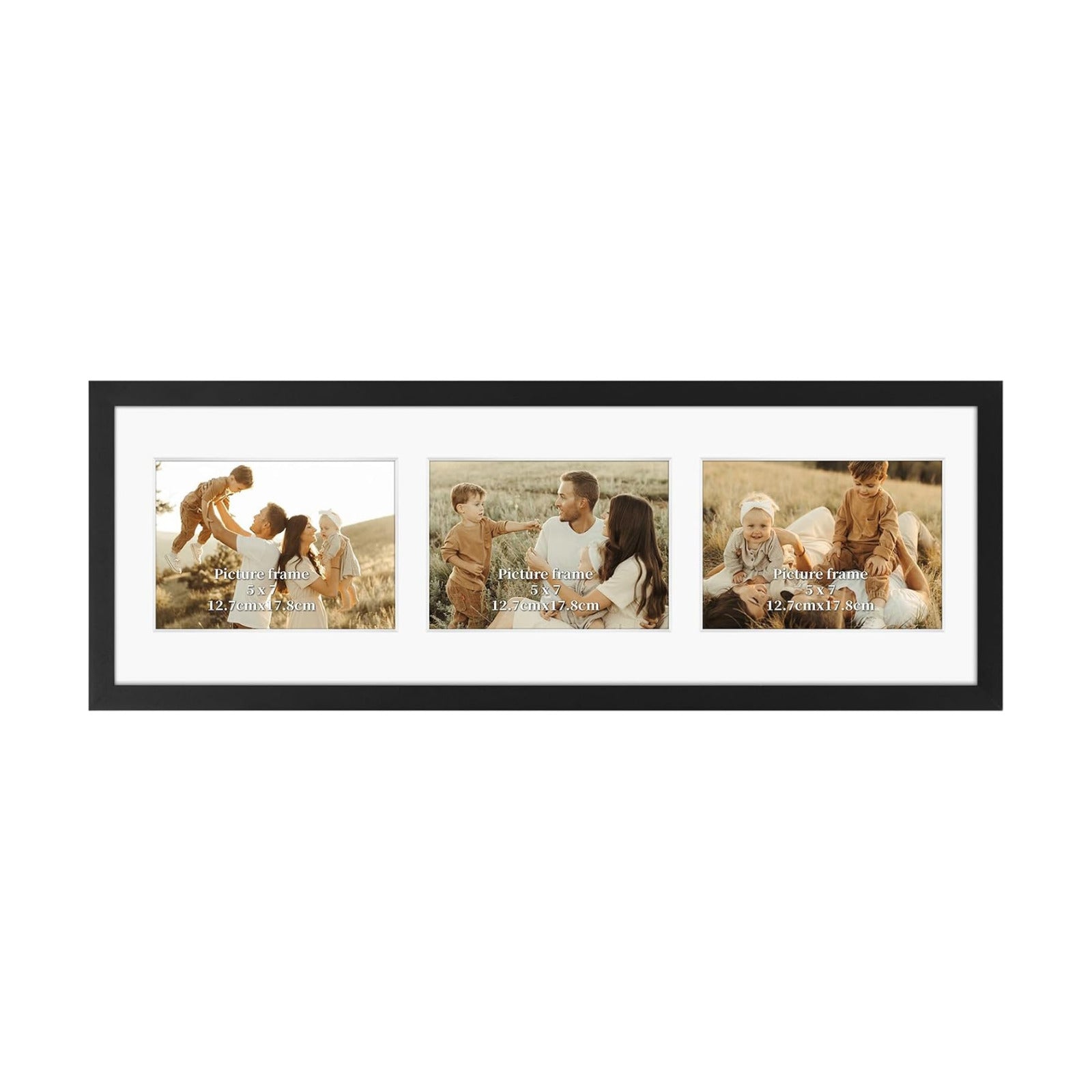 Giftgarden 5x7 Collage Picture Frame 3 Openings Horizontal, Textured Metal 8x24 Frame Matted to Three 5x7 Photos with