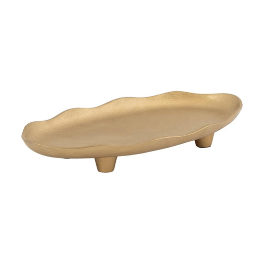 Alessia Modern Decorative Scalloped Oval Footed Metal Tray / Gold / 14 x 8