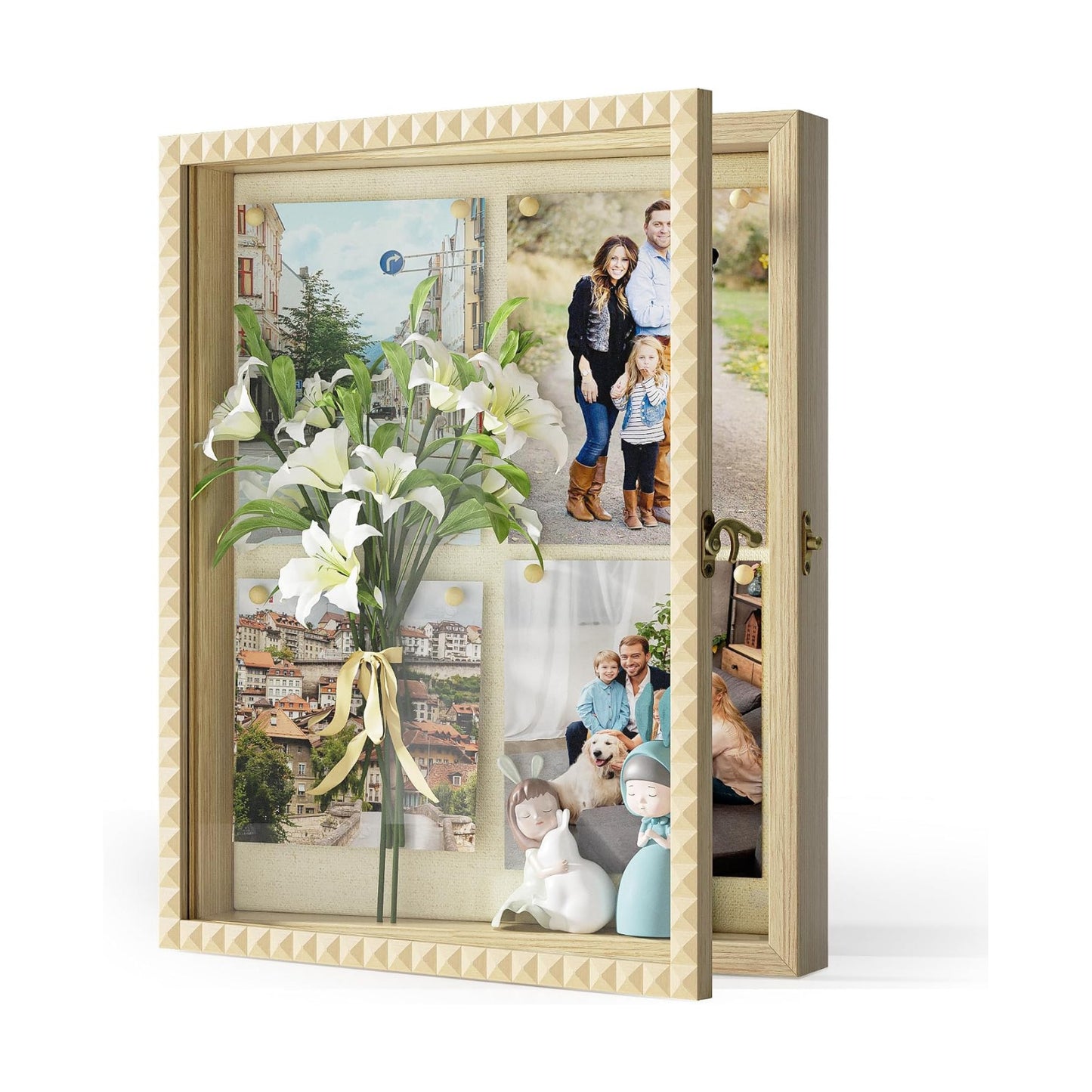 SZQINJI Shadow Box Frame 13x16 Deep Large Memory Box Display Cases, Natural | Shadow Box, Front Opening Vintage Lock
