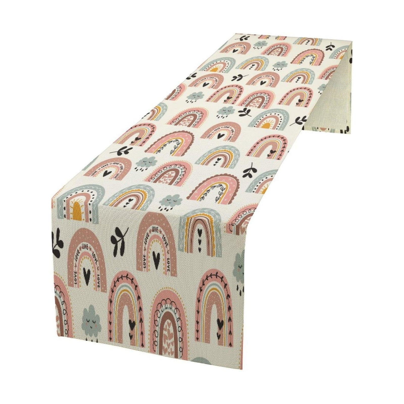 Boho Rainbow Table Runner Abstract Cute Cartoon Star and Leaf Pattern Printed Linen Table Runner for Home Kitchen