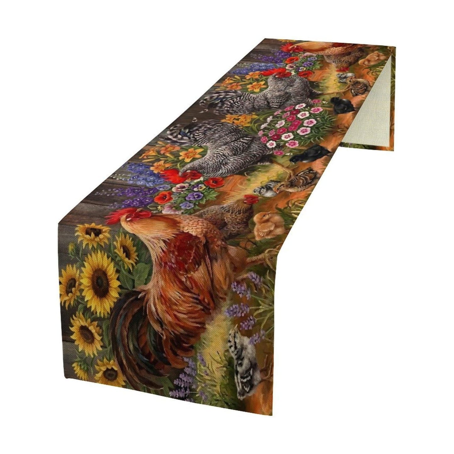 Rooster Table Runner Farm Watercolor Painting Sunflower and Chicken Pattern Printed Linen Table Runner for Home Kitchen