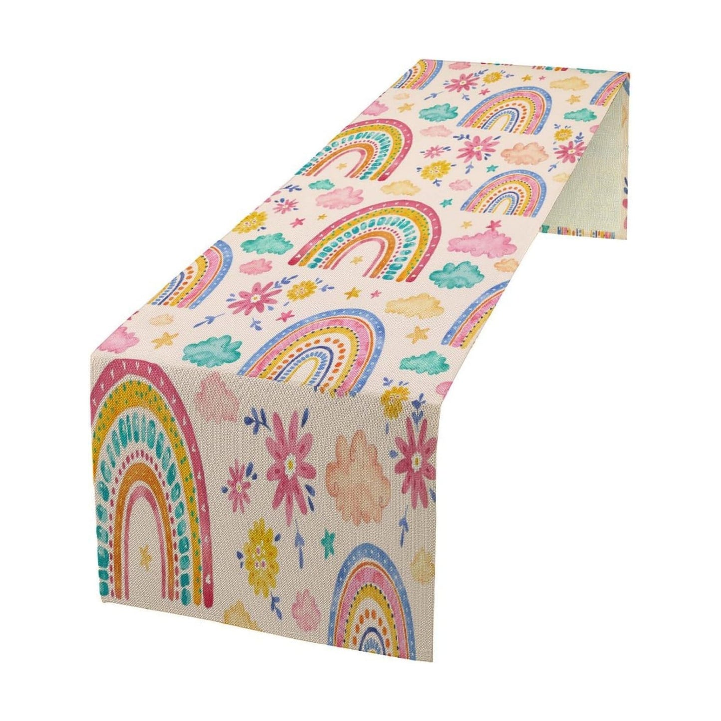 Fantasy Cartoon Colorful Rainbow Table Runner Pink Abstract Cute Boho Rainbow Pattern Printed Linen Table Runner for