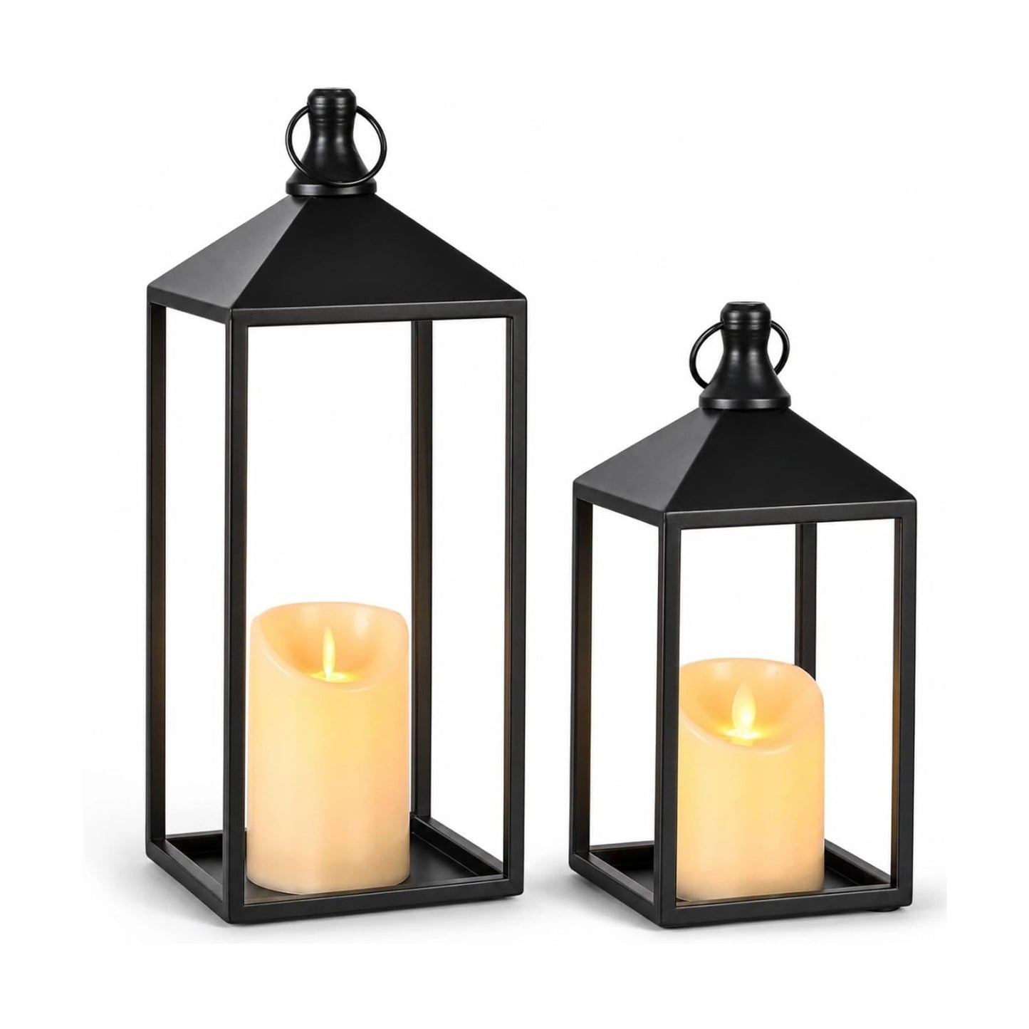 2 Pcs Black Decorative Metal Lanterns Farmhouse Lantern Decor with Candles | 15" 11" Outdoor Candle Lanterns for