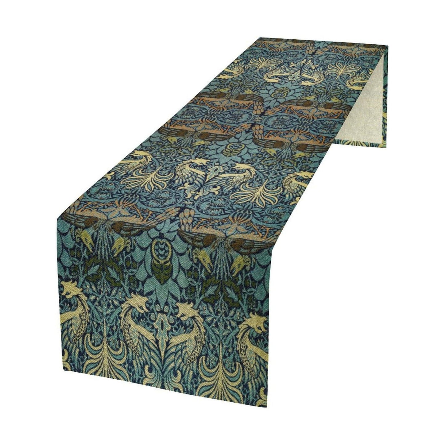 William Morris Peacock Dragon Table Runner, Vintage Flowers Boho Botanical Flowers Birds Printed Linen Table Runner for
