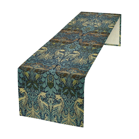 William Morris Peacock Dragon Table Runner, Vintage Flowers Boho Botanical Flowers Birds Printed Linen Table Runner for