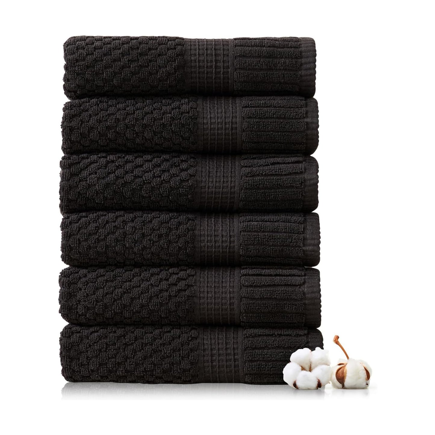 NY Loft 100% Cotton 6-Pack Hand Towel Set | Black | Oeko-TEX | Quick-Dry | Six 16" x 28" Hand Towels | Super Absorbent