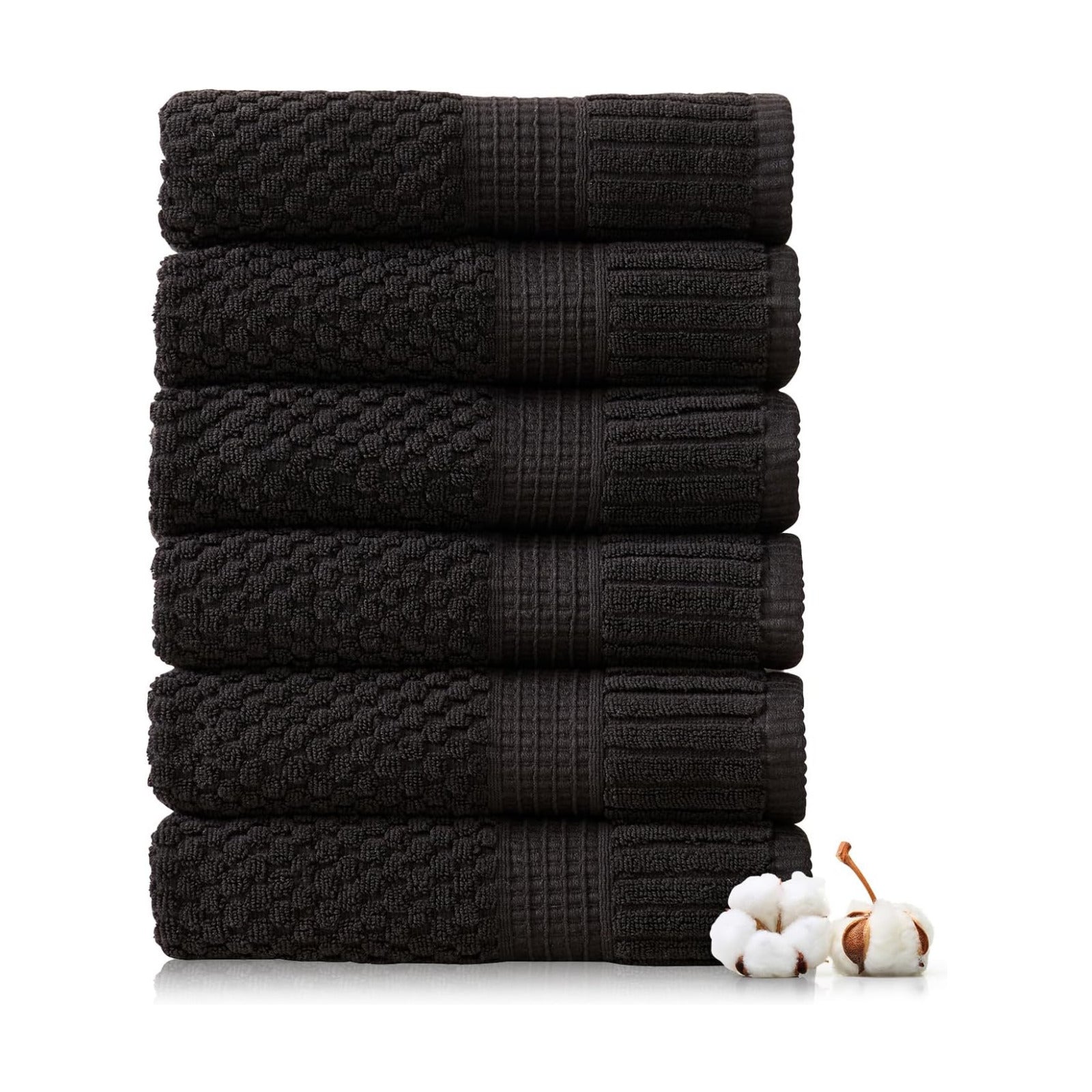 NY Loft 100% Cotton 6-Pack Hand Towel Set | Black | Oeko-TEX | Quick-Dry | Six 16" x 28" Hand Towels | Super Absorbent