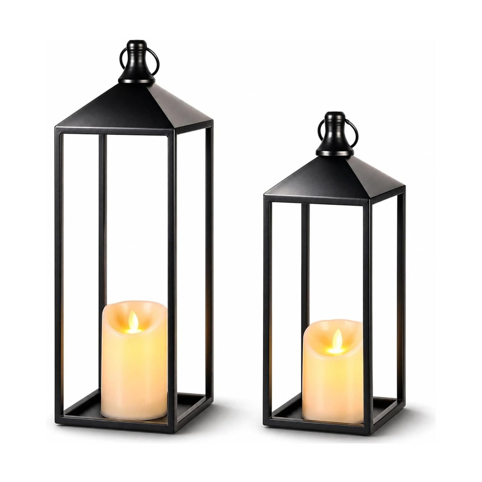 Lanterns Decorative Outdoor Indoor, 17" 13" Set of 2 Black Candle Lanterns | No Glass Metal Outdoor Lantern for Porch