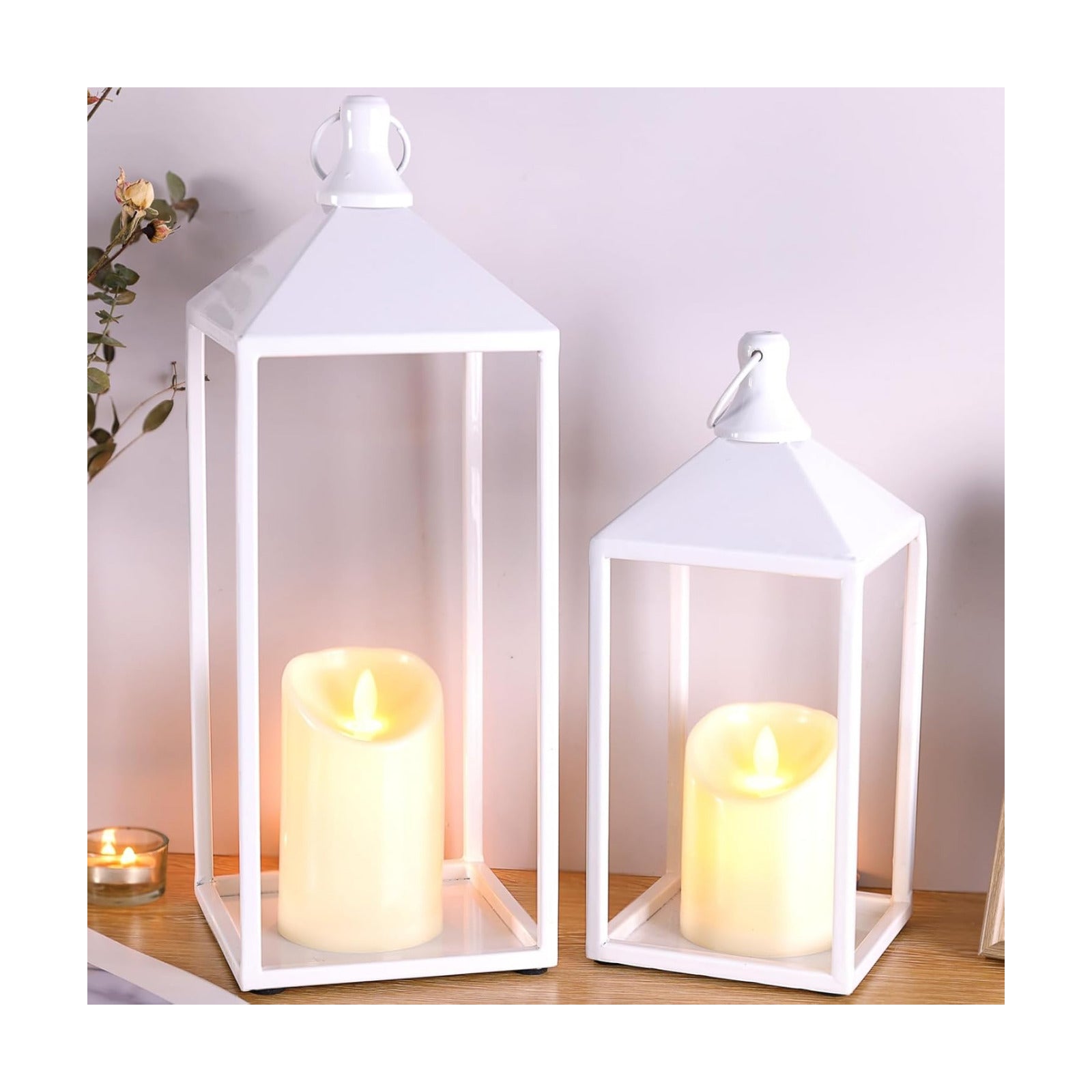 2 Pcs Wedding Lanterns Decorative with Candles White Farmhouse Lanterns | Glass-free Metal Decorative Candle Lanterns