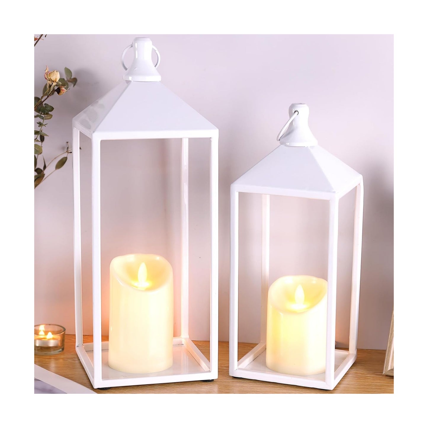 White Decorative Lantern Decor 17" 13" Set of 2 Wedding Lantern with Candle | White Candle Lanterns Decorative Modern