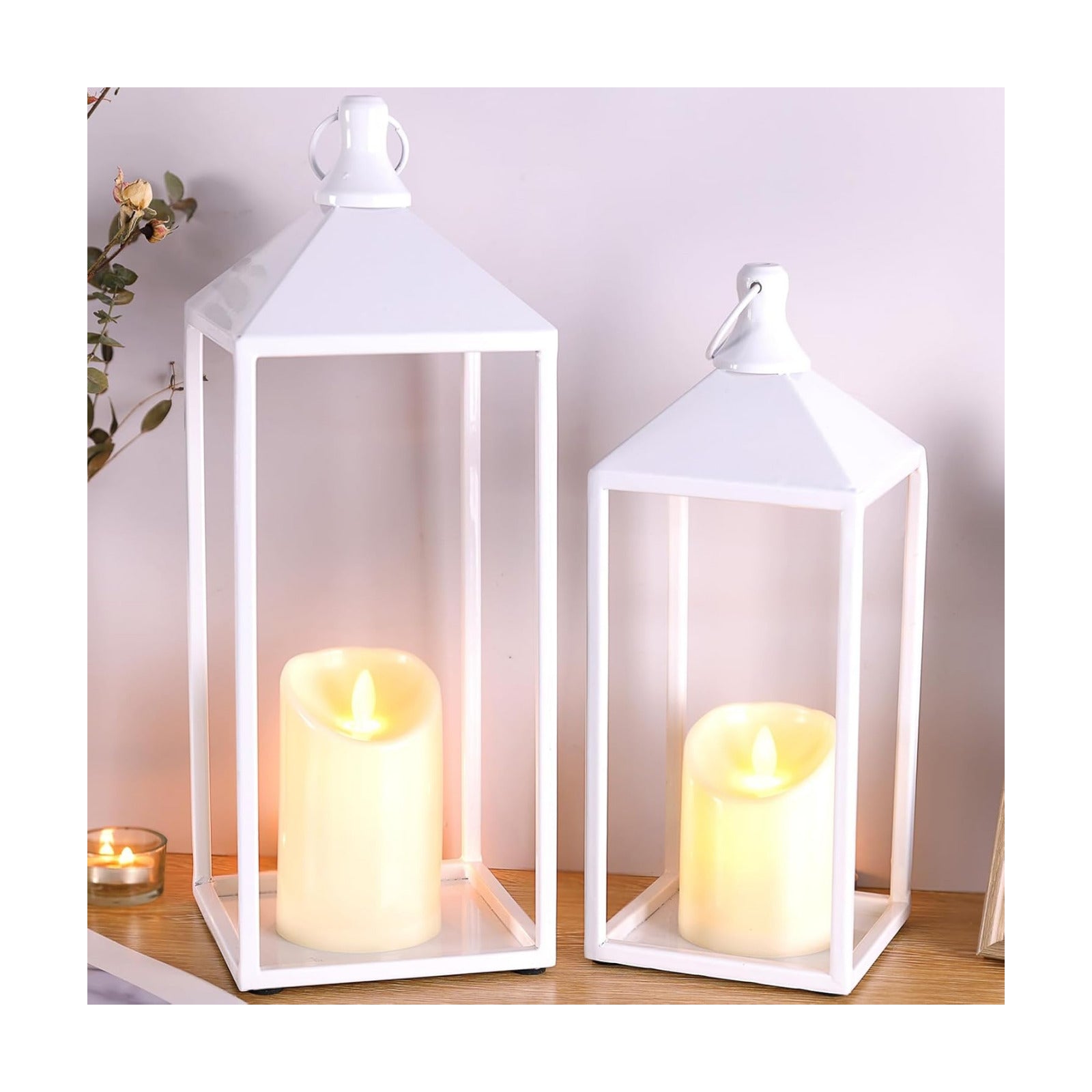 White Decorative Lantern Decor 17" 13" Set of 2 Wedding Lantern with Candle | White Candle Lanterns Decorative Modern