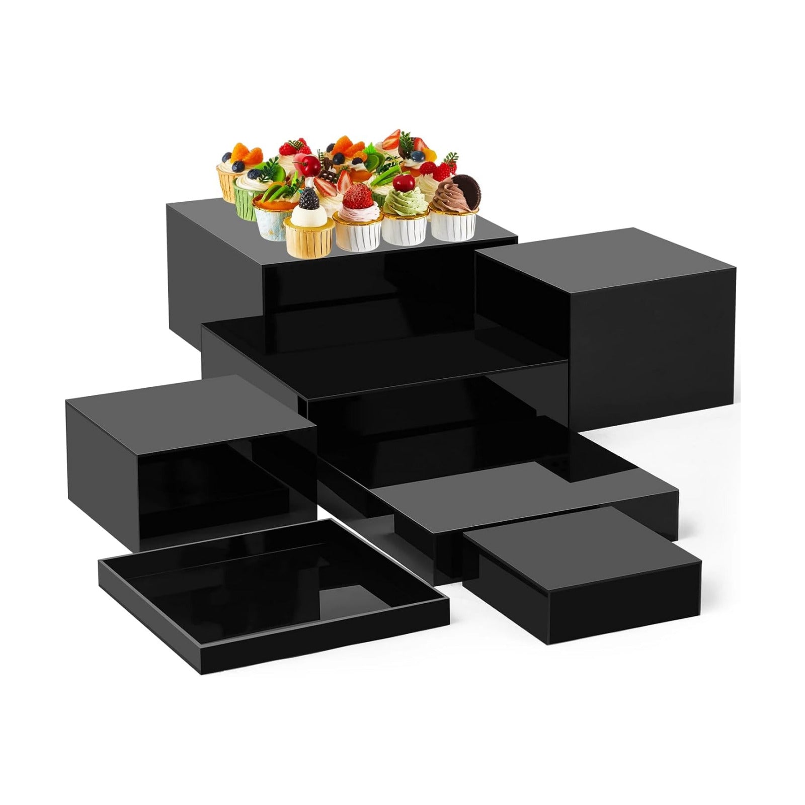 Large Buffet Risers Set " Acrylic Display Box Catering / Black / 6" To 12 / Square / Set of 7