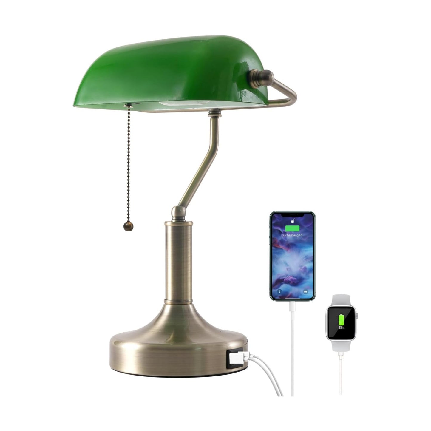 Banker Desk Lamp Green Glass, Antique Desk Lamps with Brass Base, Traditional Library Table Lamp with USB A and Type C