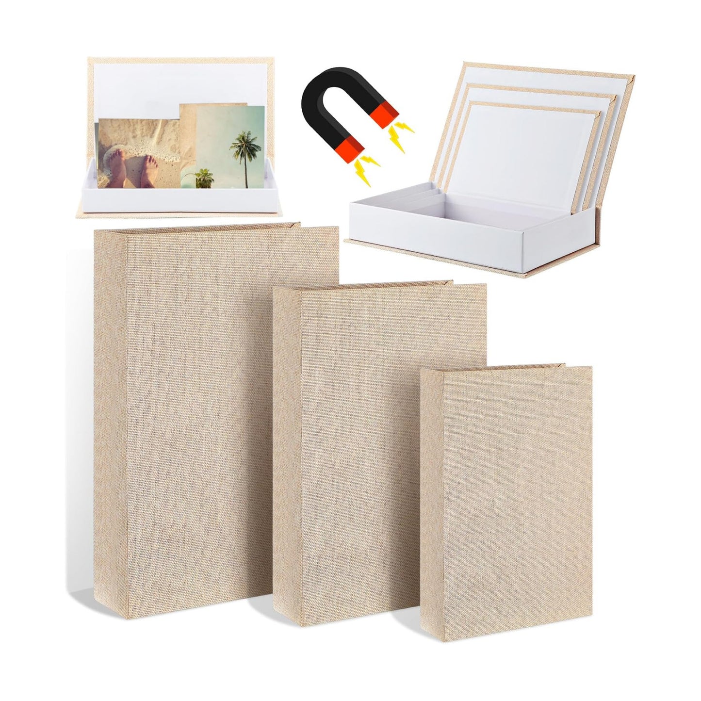 Decorative Fake Book Box Faux Book Storage Box Magnetic Neutral Linen Hollow Boxes / Set of 3