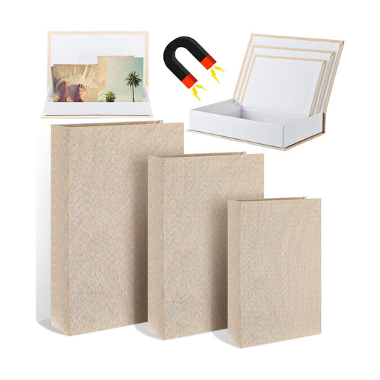 Decorative Fake Book Box Faux Book Storage Box Magnetic Neutral Linen Hollow Boxes / Set of 3