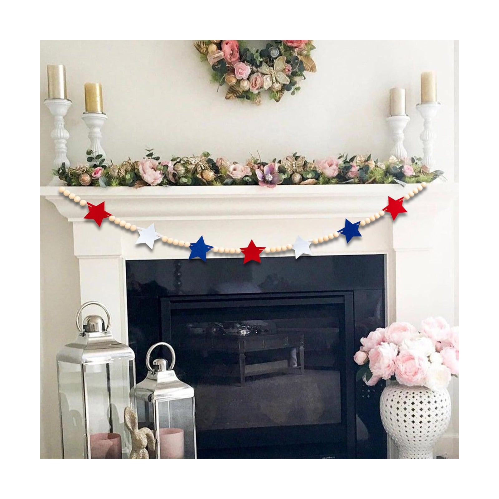 Wood Bead Garland for Mantel Red White Blue Felt Stars / 4th July Banner Red