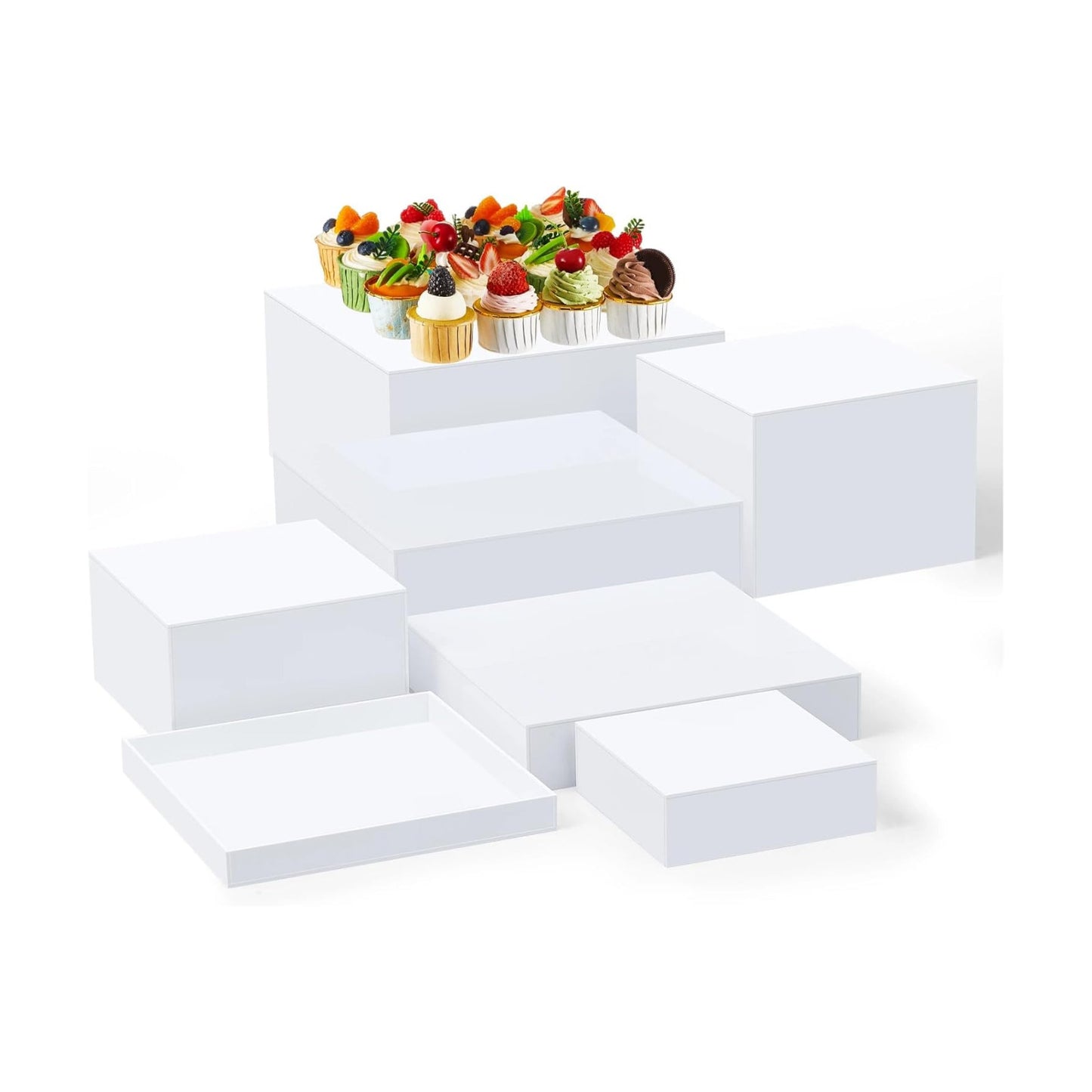 Large Buffet Risers Set " Acrylic Display Box Catering / White / 6" To 12 / Square / Set of 7