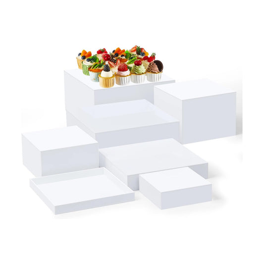 Large Buffet Risers Set " Acrylic Display Box Catering / White / 6" To 12 / Square / Set of 7