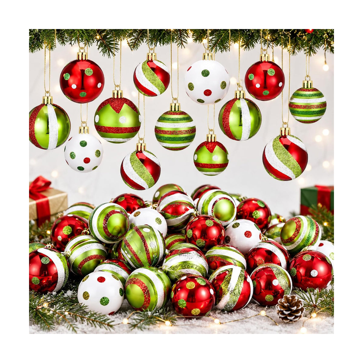 Lunmon 64 Pcs Lime Green Red Christmas Ornament Polka Dot Stripe Xmas Bulbs