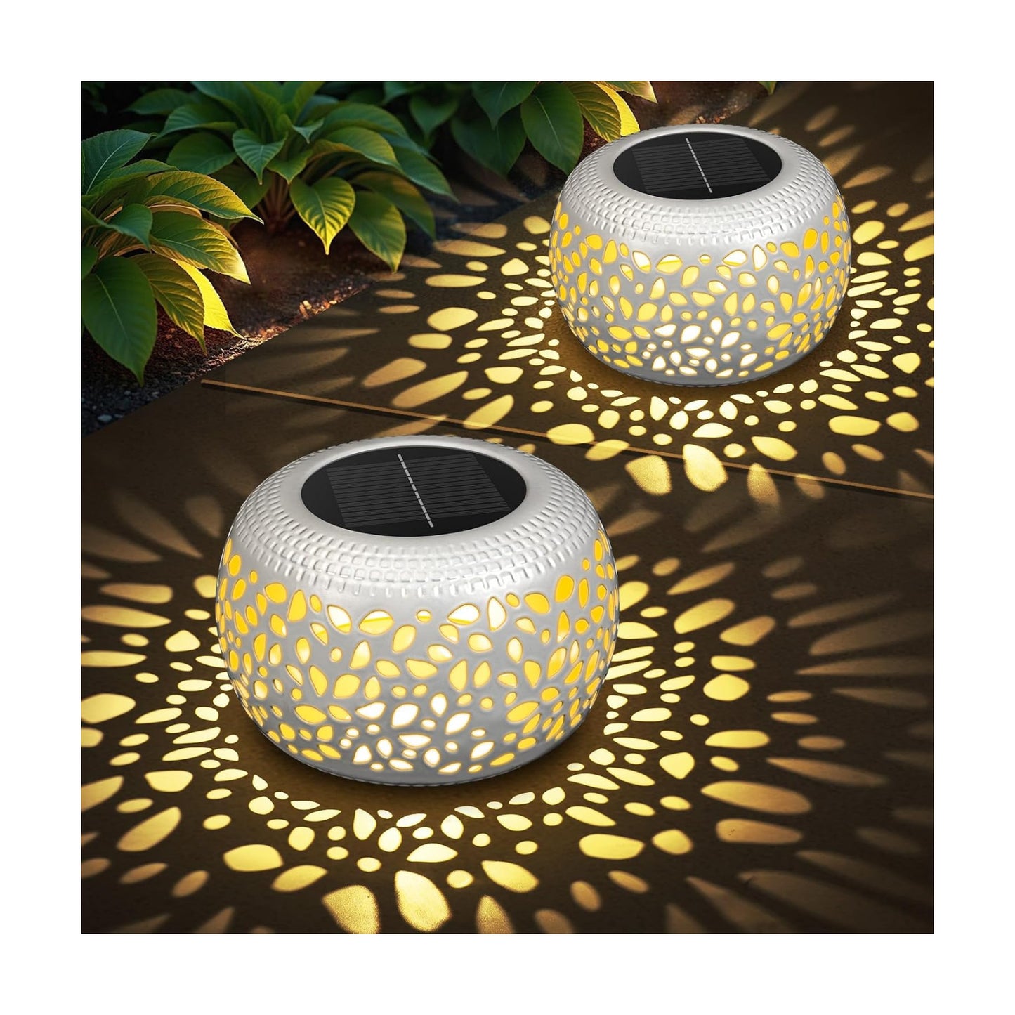 Solar Lanterns Outdoor Waterproof: 2 Pack White Cutout Metal Solar Lantern | 2 Lighting Colors, IP65 Auto On/Off