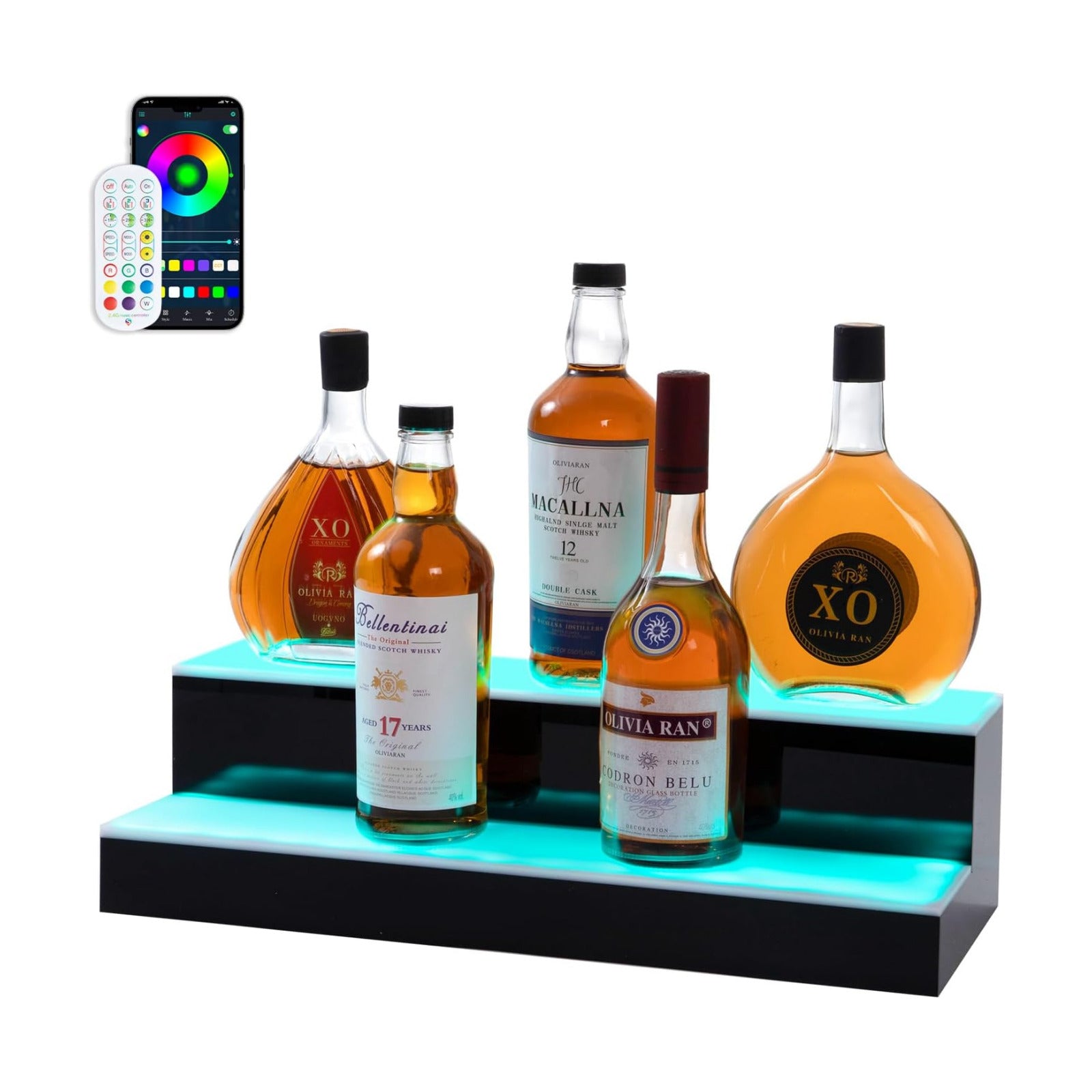 Led Lighted Liquor Bottle Display Shelf, 20 Inch 2 Tier Whiskey Rack, Support USB, Bar Stand with RF Remote & App