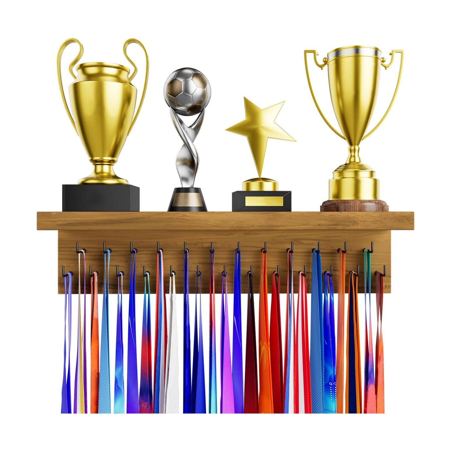 Medal Holder Display Trophy Shelf Organizer, Sturdy Wooden Race Award Hanger Rack with 25 Steel Hooks, Wall Mount