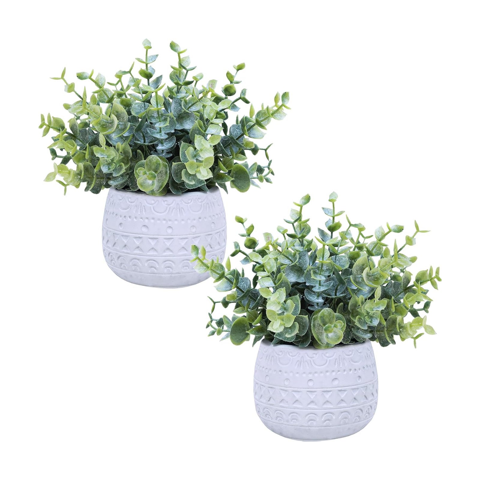 Small Artificial Potted Plants Faux Eucalyptus Plant in White Geometric / White Pot / Set of 2