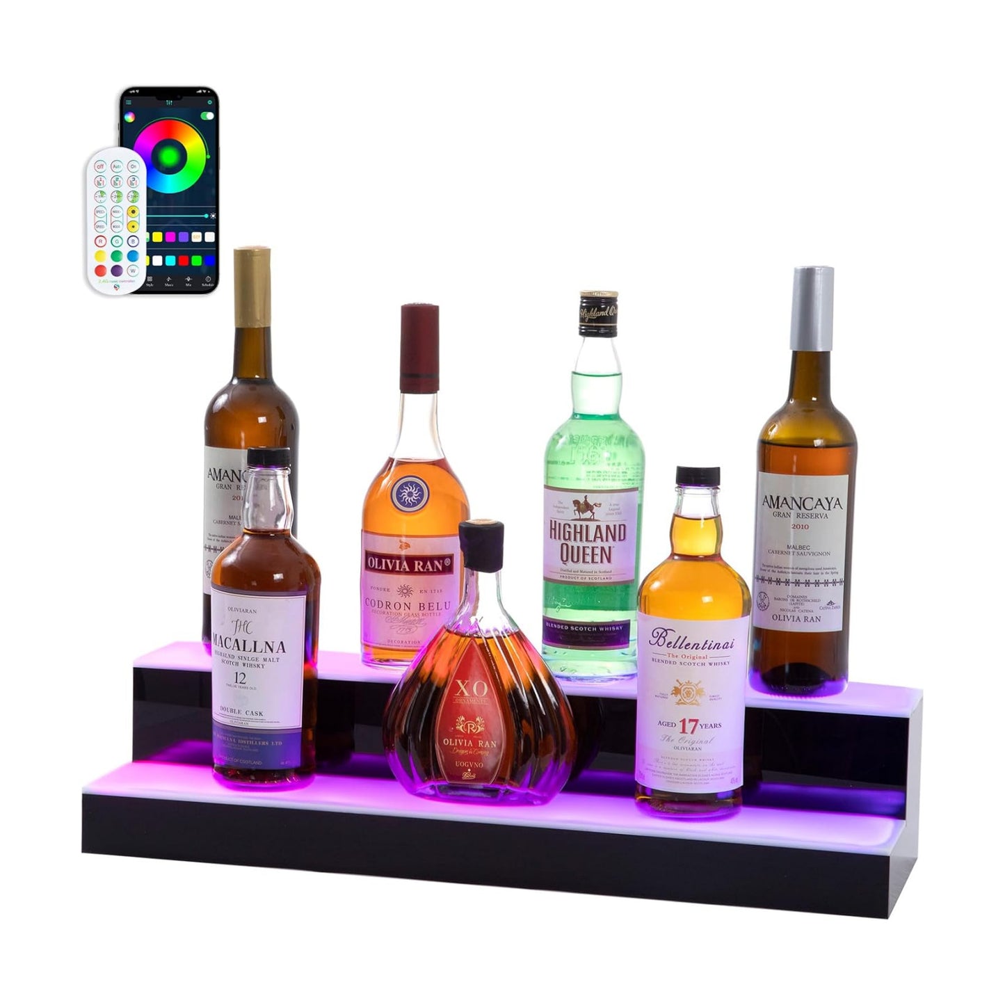 Led Lighted Liquor Bottle Display Shelf, 24 Inch 2 Tier Whiskey Rack, Support USB, Bar Stand with RF Remote & App