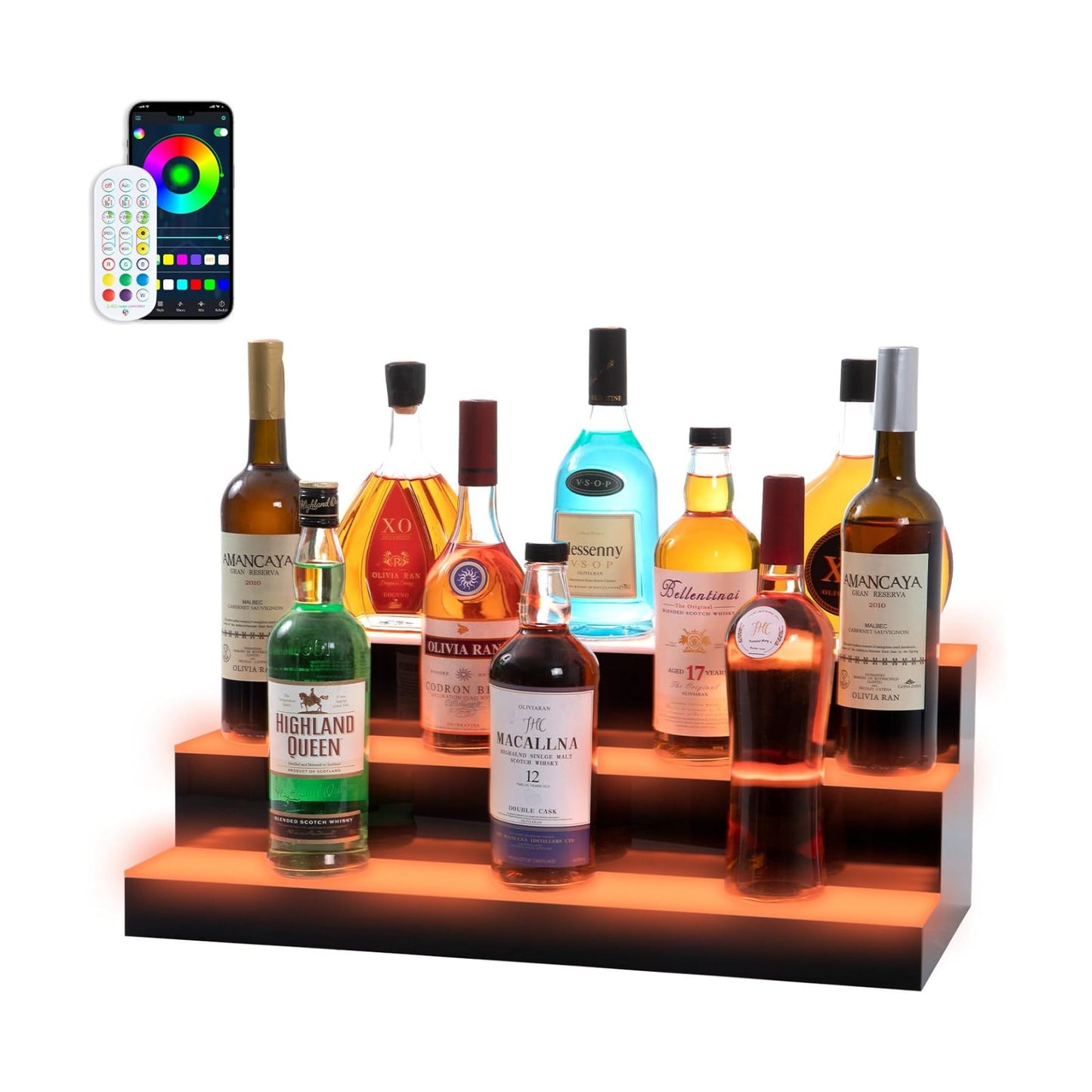 Led Lighted Liquor Bottle Display Shelf, 24 Inch 3 Tier Whiskey Rack, Support USB, Bar Stand with RF Remote & App