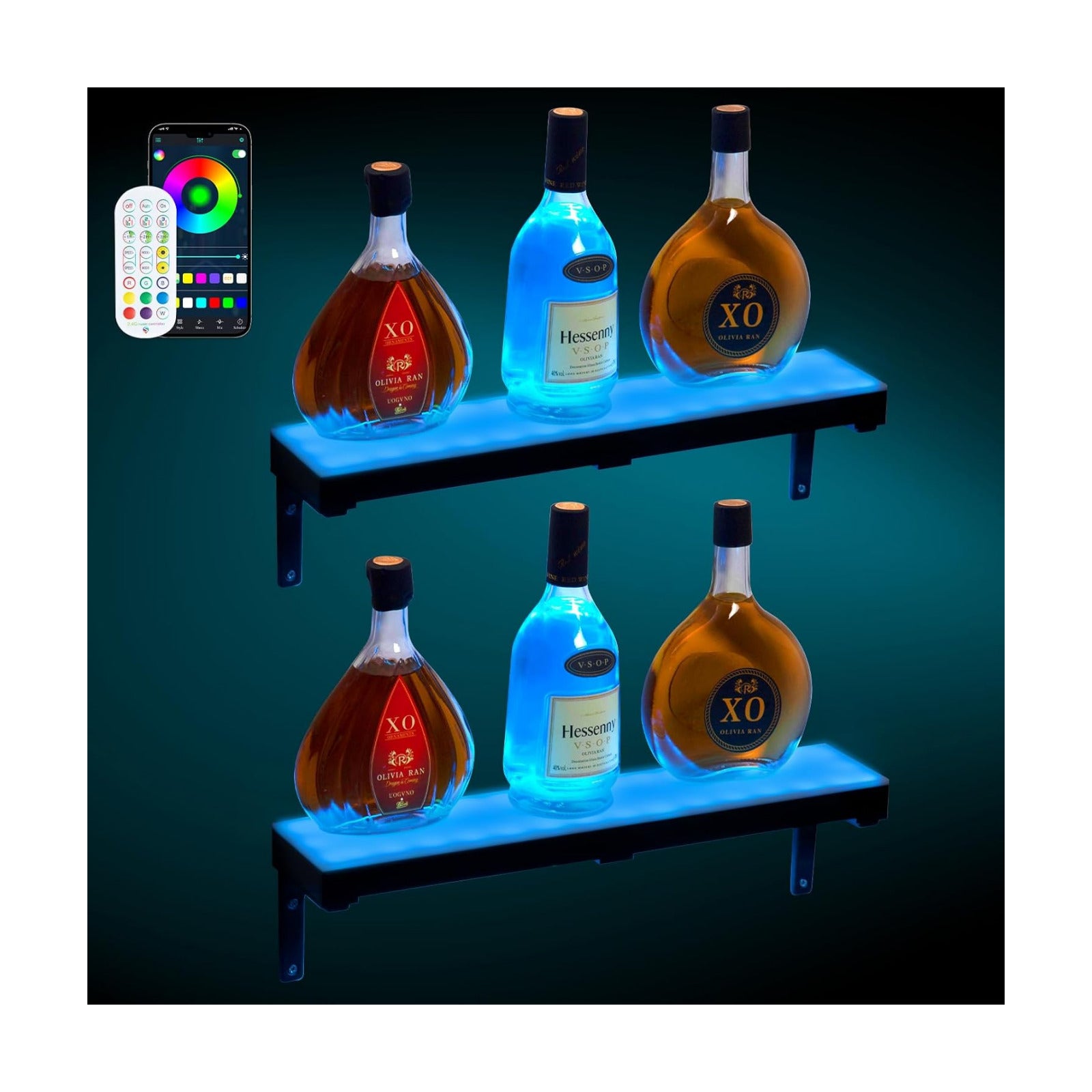 2 Pack Led Lighted Liquor Bottle Display Shelf, 20 Inch 1 Tier Wall Mounted Whiskey Rack, Bar Stand with RF Remote &