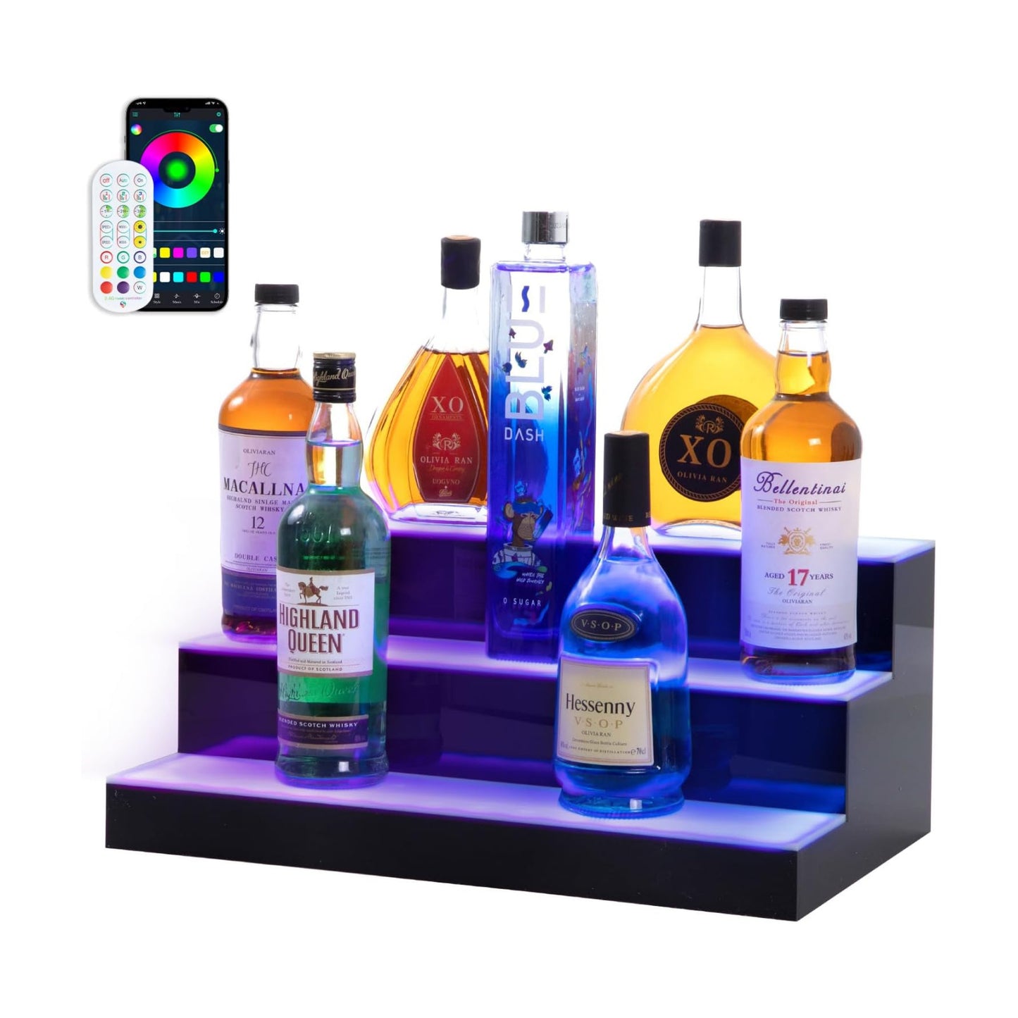 Led Lighted Liquor Bottle Display Shelf, 20 Inch 3 Tier Whiskey Rack, Support USB, Bar Stand with RF Remote & App