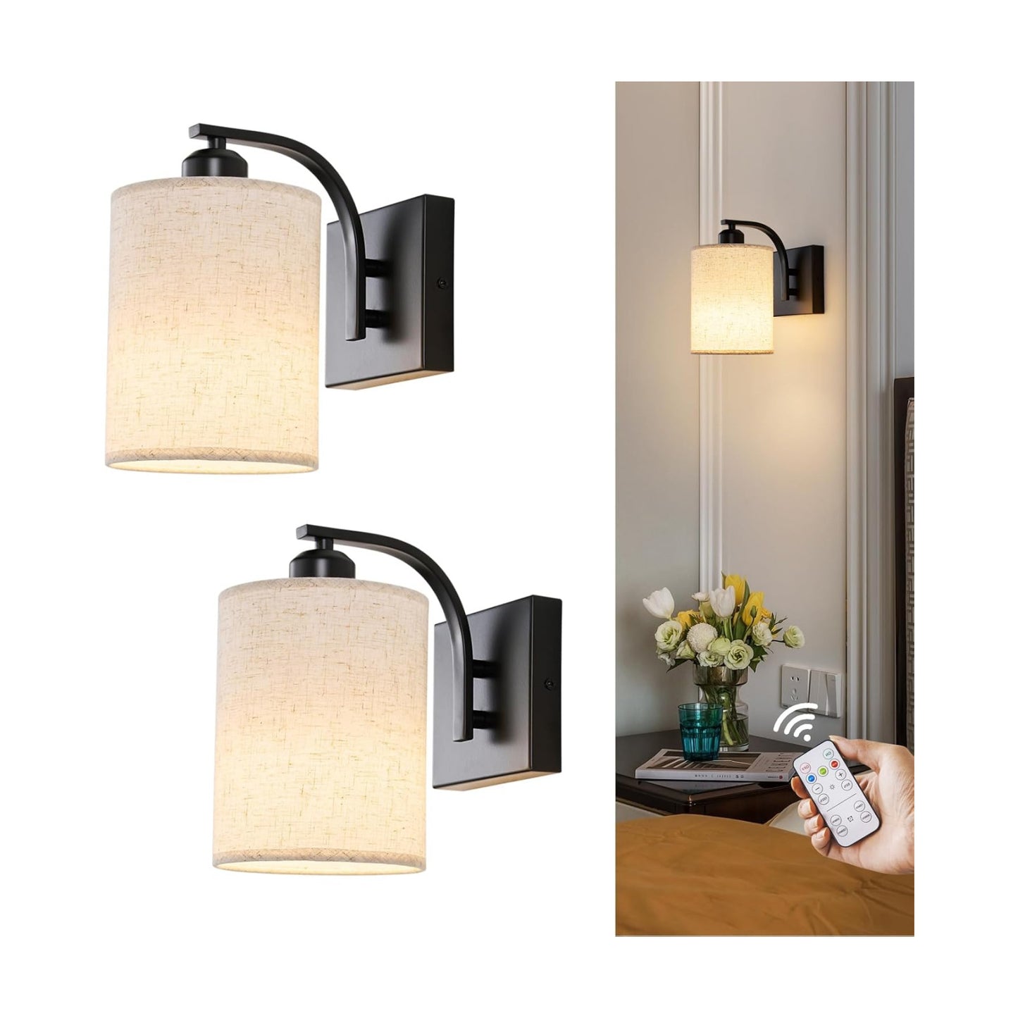 Powfloven Black Rechargeable Wall Sconces Set of 2 with Remote, Wireless Dimmable Battery Operated LED Wall Lights