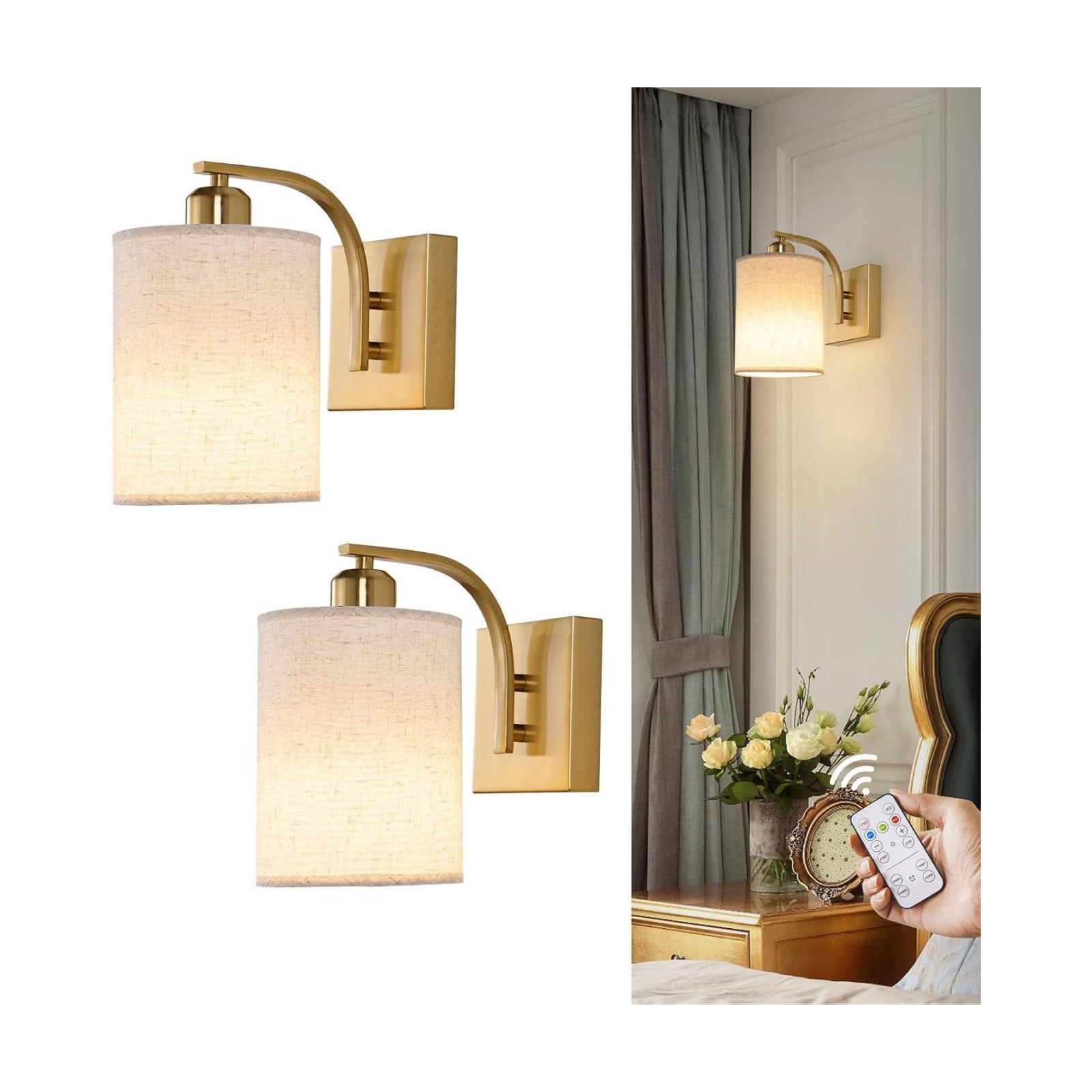 Powfloven Gold Rechargeable Wall Sconces Set of 2 with Remote, Wireless Battery Operated Dimmable LED Wall Lights