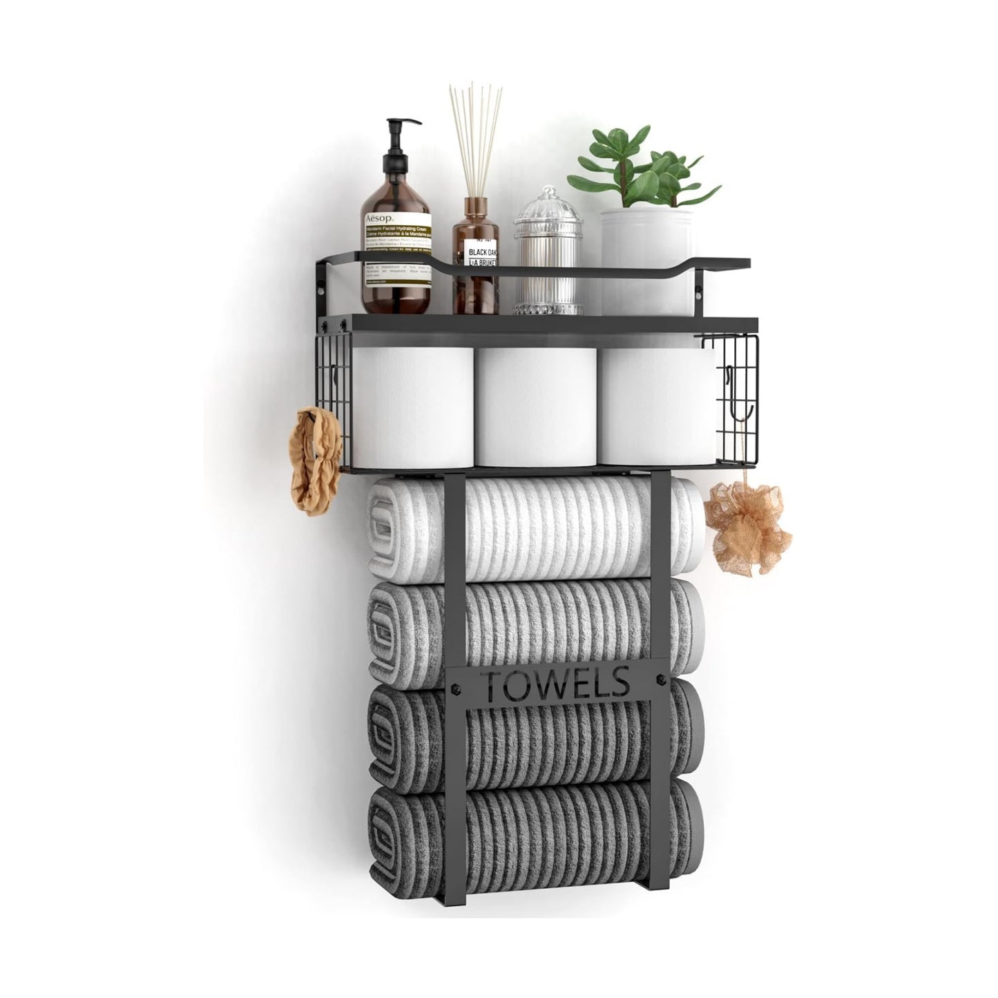 Aetyord Towel Racks for Bathroom Wall Mounted Towel Storage Organize | Towel Storage with Wood Shelf & Metal Basket,Fit