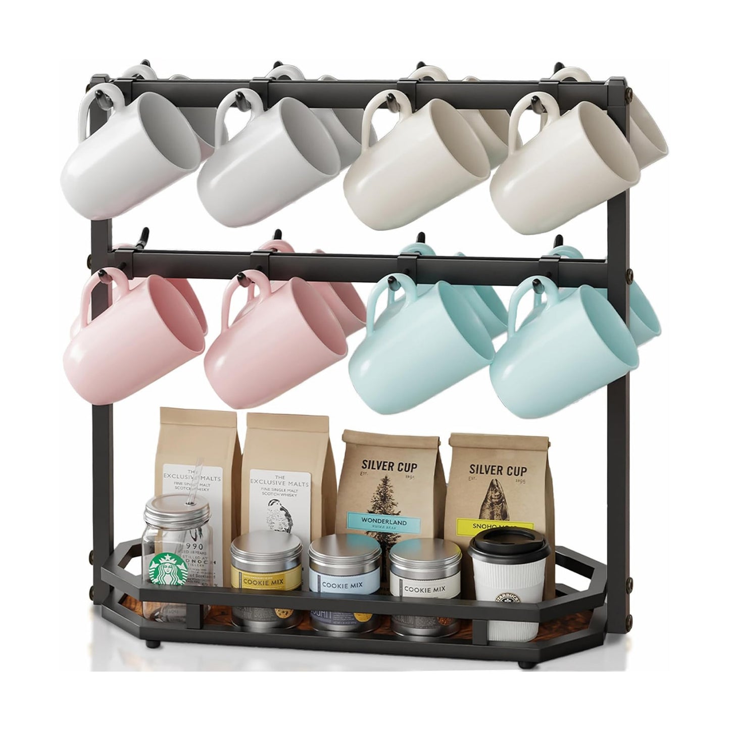 Coffee Mug Holder with Movable Hooks,16 Capacity Coffee Cup Holder for Countertop, Metal Mug Tree Holder Rack with