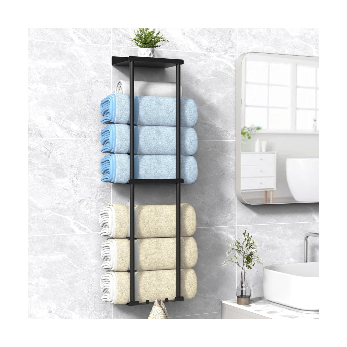 Liuoud Towel Rack for Bathroom, Wall Mounted Vertical Rolled Towel Storage Organizer Holder with Shelf, Holds Up 6