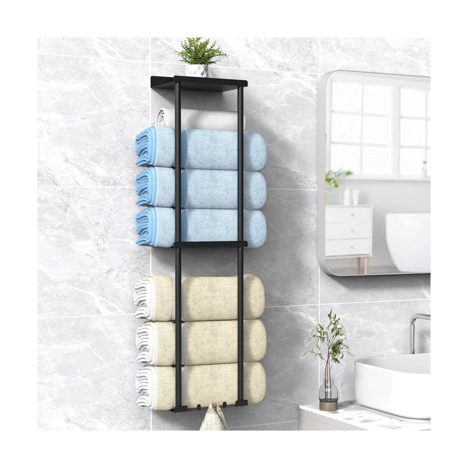 Liuoud Towel Rack for Bathroom, Wall Mounted Vertical Rolled Towel Storage Organizer Holder with Shelf, Holds Up 6