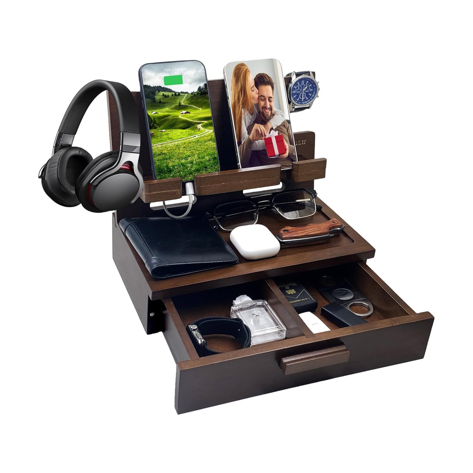 Gifts for Men Women Him Husband Son Boyfriend Birthday Nightstand Organizer Wood Phone / Deep Walnut