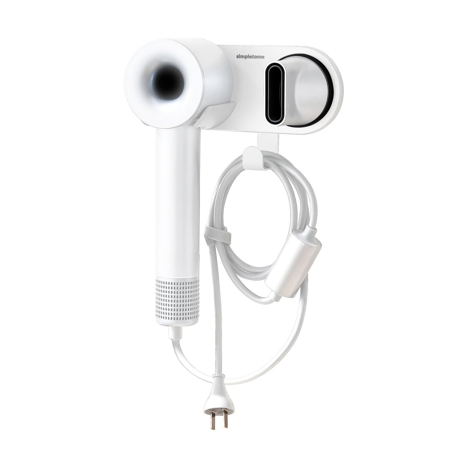 Magnetic Hair Dryer Holder Wall Mount for Most High Speed Blow Dryer | strong POM plastic, white | with plug cord