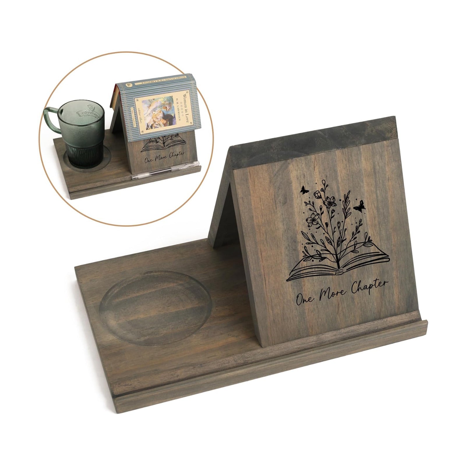 LITIVY Wooden Book Holder with Drink Holder, Wooden Triangle Bookmark Reading Rest with Slotted, Book Display Bookmark