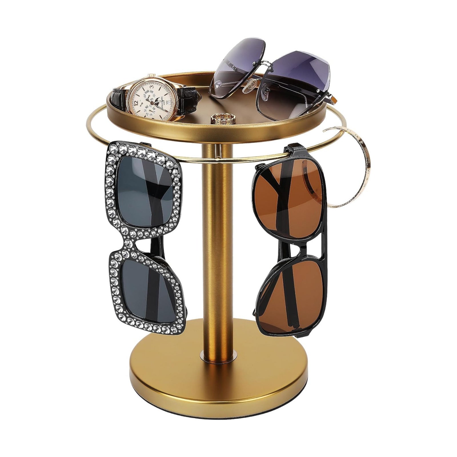 kondyfayo 360° Rotating Sunglass Organizer Storage, Stainless Steel Glasses Holder Stand, Glasses Organizer with Tray