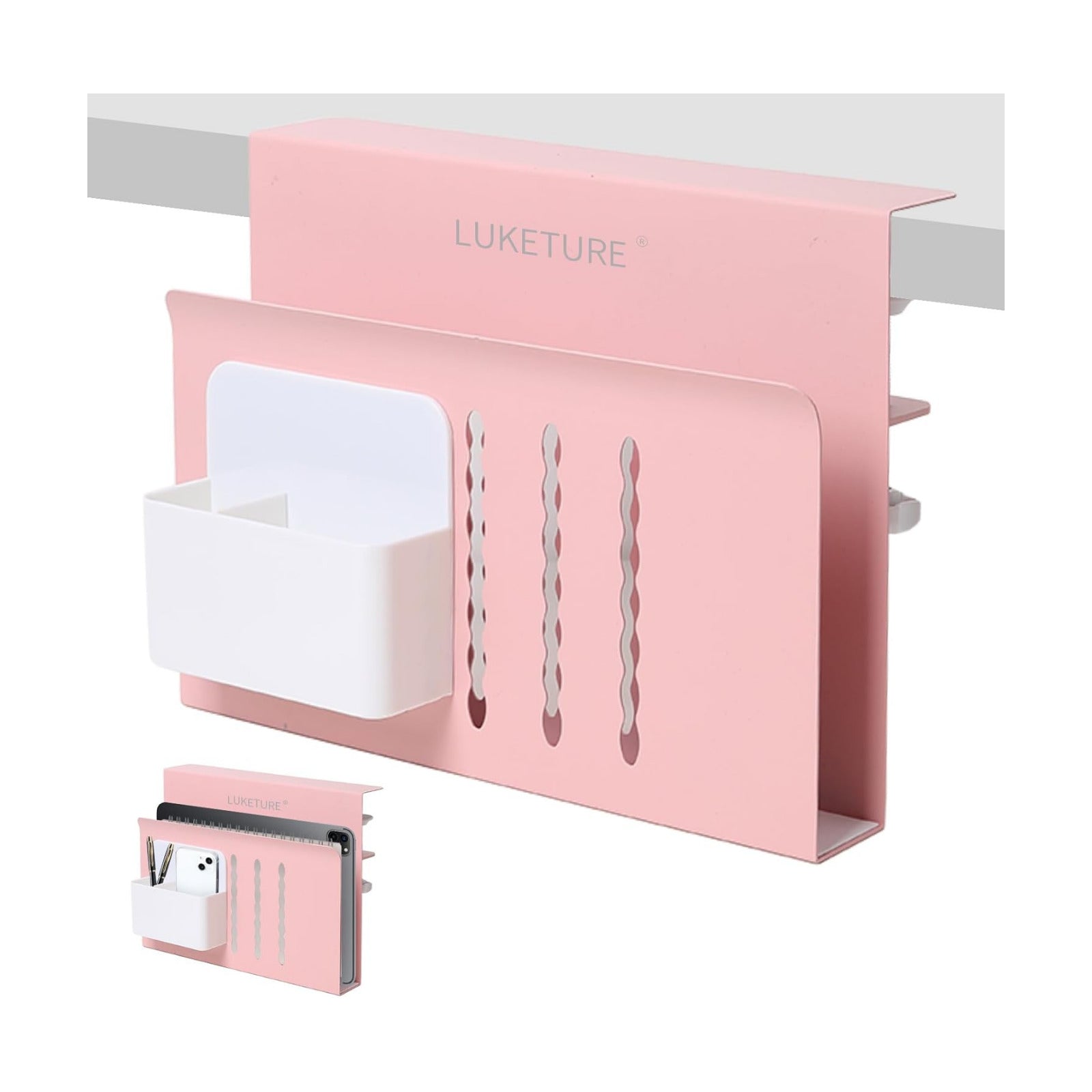 LUKETURE Desk Side Storage Laptop Holder No Drill Clamp On Organizer | Steel Side Desk Organizer, Clamp on Laptop Mount
